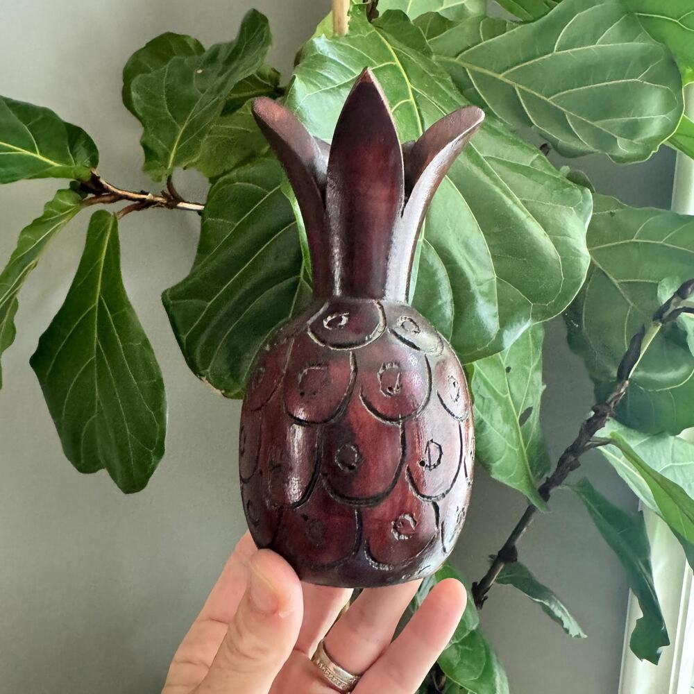 Vintage Hand-Carved Wooden Pineapple Figurine, Haitian Folk Art Tiki Decor